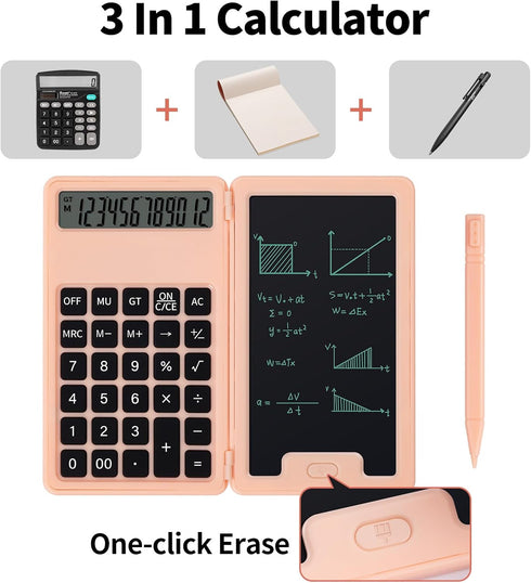 Desk Calculator with Notepad, Portable 12 Digit Large Display Basic Calculator with Stylus for Office, School & Home