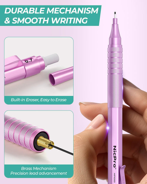 Nicpro 0.7 mm Mechanical Pencils Set - 3PCS Metal Drafting Pencil with Case, 480 PCS HB Pencil Leads, 3 Erasers for
