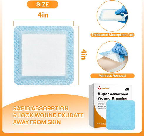 4"x 4" 20 Pack, Carbou Super Absorbent Wound Dressing Pads, Individual Non Adhesive Absorbent Bandages for Wound Care