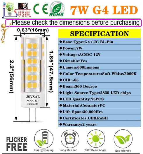 G4 Bulb Dimmable,Soft 3000K,Bi-pin T3 12V AC/DC,60-70W Path,4-Pack LED Warm White JC Type Halogen Replacement