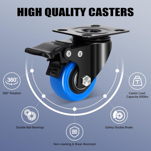 2 Inch Caster Wheel Set of 4, 600 Lbs Heavy Duty Swivel Casters with Brake, No Noise Top Plate Wheels for Furniture,