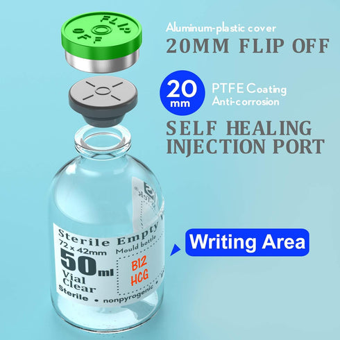 Sterile Empty Vials with Self Healing Injection Port, 50ml, 6 Pack