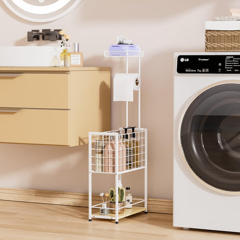 4-Tier SWTYMIKI Freestanding Toilet Paper Holder - Free Standing Toilet Paper Holder Stand with Shelf, Bathroom Storage