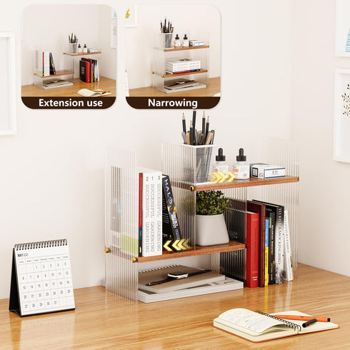 BYCY Double H Display Bookshelf Desktop Organizer Office Storage Rack Desk Expandable Wood Display Shelf with Acrylic