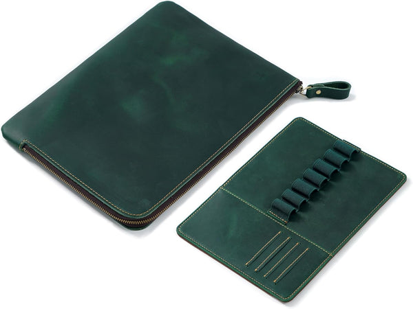 Genuine Leather Zip Pen Case - Creative 7 Slots with Removable Pen Tray Holder (Green)