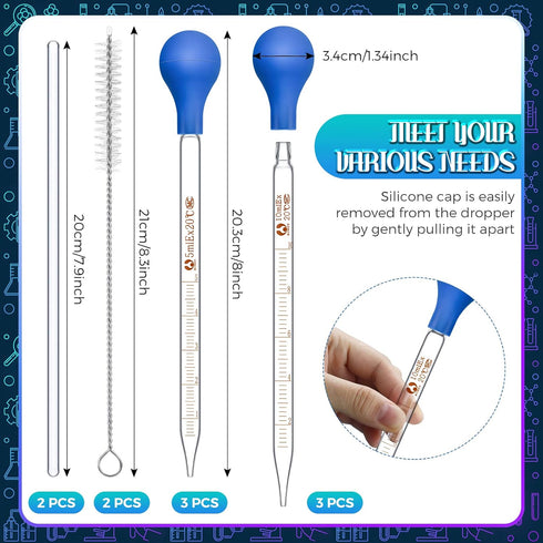 Weewooday Glass Droppers Pipettes Graduated Lab Dropper Glass Liquid Pipette with Big Rubber Hats 20 cm Glass Stir Rod Washing Brush Transfer for Liquid Essential Oil(16 Pieces,Blue,5 Ml, 10 ml)