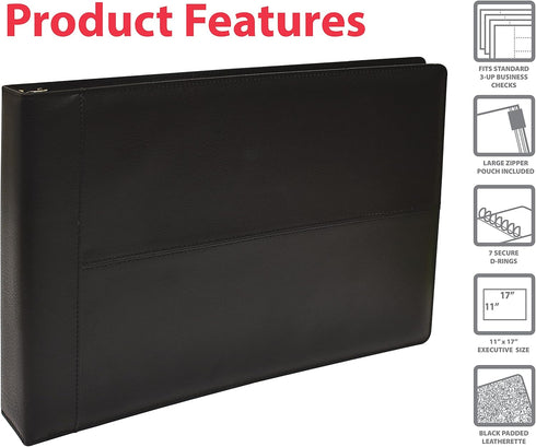 GOLD SEAL 7 Ring Executive Check Binder, Black Textured Premium Leatherette Cover, 600 Check Capacity for 9 x 13"