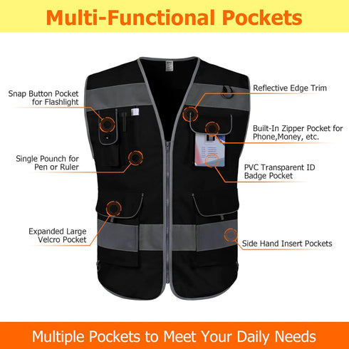 TCCFCCT Black Safety Vest for Men Women, Large, 9 Pockets, High Visibility, Reflective, Meets ANSI/ISEA Standards