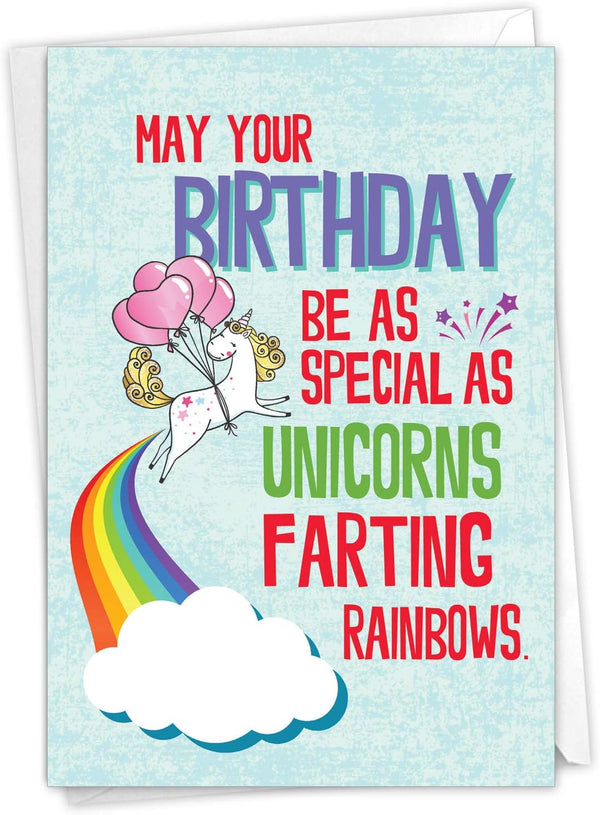 NobleWorks Funny Happy Birthday Card with Envelope - Colorful Humor Greeting Note, Unicorns and Rainbows