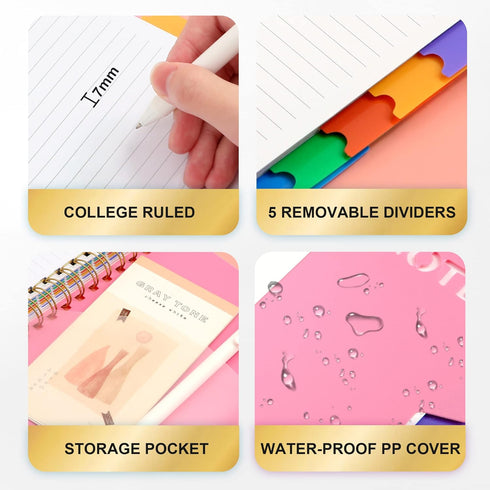 CAGIE 5 Subject College Ruled Notebook, 6'' x 8'' Hardcover with 5 Removable Dividers, 204 Pages