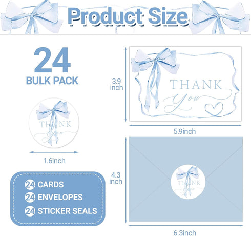 SMUAENSS 24 Pack Blue Bow Thank You Cards, Bowknot Bridal Shower Greeting Card with Envelopes and Stickers for Birthday