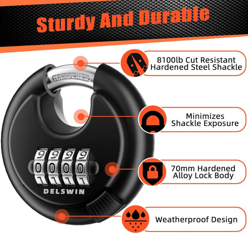 DELSWIN 4 Digit Combination Disc Padlock with Hardened Steel Shackle Combo Lock for Sheds, Storage Unit, School Gym Locker and Fence (Black,1Pcs) by DELSWIN