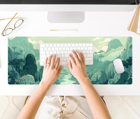 Cute Pastel Mint Green Forest Sage Desk Mat, Aesthetic Sunrise Anime Large Gaming Mouse Pad XL, 31.5"x11.8" with