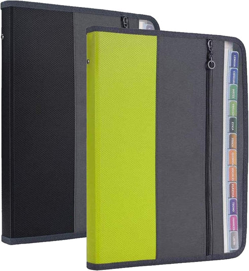 NAFY 2 Pack Expanding File Folders, 13 Pockets Document Organizer with Zipper, A4 Letter Size, Black+Green