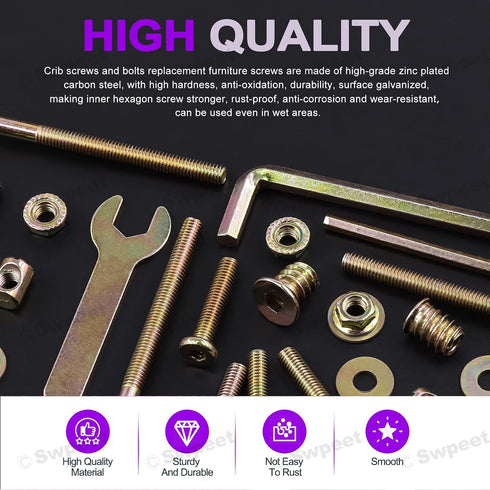 Swpeet 138Pcs M6 30/40/50/60/70/80mm x Zinc Plated Crib Hardware Screws Kit, Hex Socket Head Cap Crib Bed Bolt