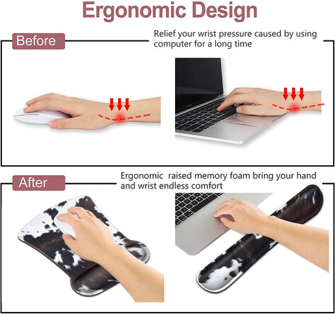 Keyboard Wrist Rest and Mouse Pad Set, Ergonomic Coaster for Easy Typing Pain Relief, Memory Foam, Cowhide Brown Black