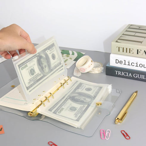 Clear A6 Binder Cover Gold, 6 Rings PVC Binders, Loose Leaf Folders, Refillable Soft Notebook Shell Protector