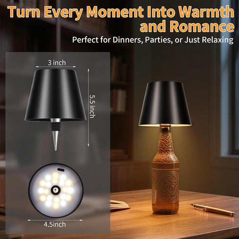 3 Dimmable, 5H 48H Rechargeable Wireless Bottle Lamp - Color Stepless Metallic Black Lampshade, Bright Light or Soft
