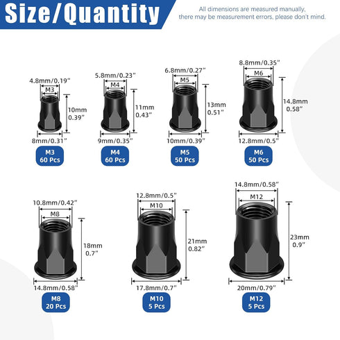Glarks 250pcs Set M3 M4 M5 M6 M8 M10 M12 Thread Half Hexagonal Rivet Nuts Black Zinc Plated Carbon Steel Flat Head