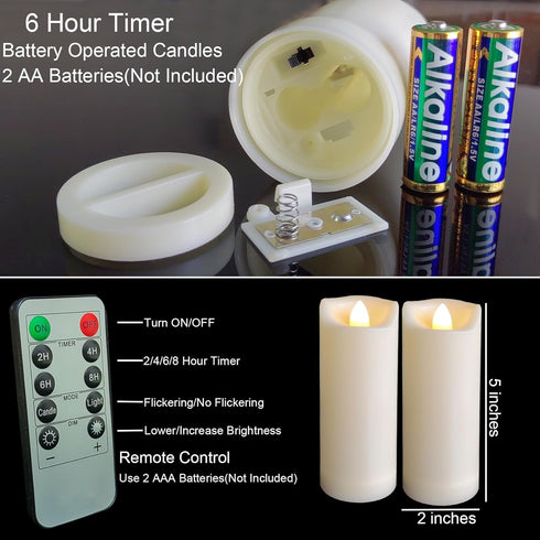 2"x5" Outdoor LED Battery Operated Candles, Timer/Remote Plastic Flickering Waterproof Flameless Candles for Decoration