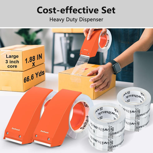Swihauk Heavy Duty Packing Tape with Dispenser, 1.88 in x 66.6 YDs, Strong & Durable Shipping Tape, 6 Roll + 2 Dispenser