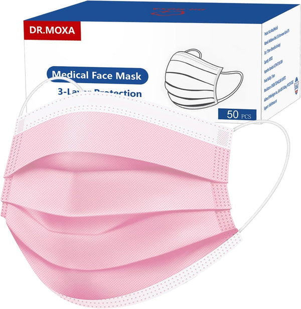DR.MOXA 50Pcs Pink Disposable Medical Face Masks, 3 Layers Safety Mask for