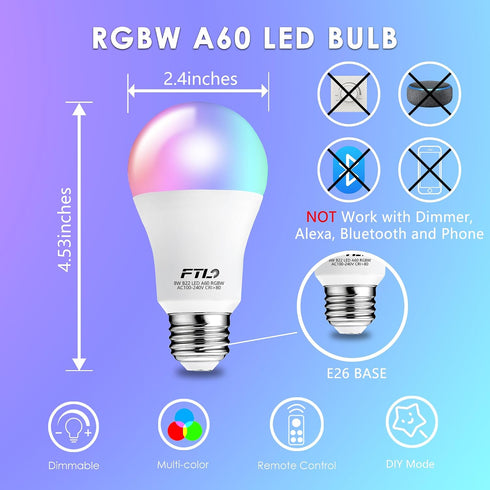 Bulb A19 E26 Dimmable Bulbs 8W 60W 30 2700K-6000K, Bulbs 4-Pack FTL Color Changing Light with Remote Control, RGB LED