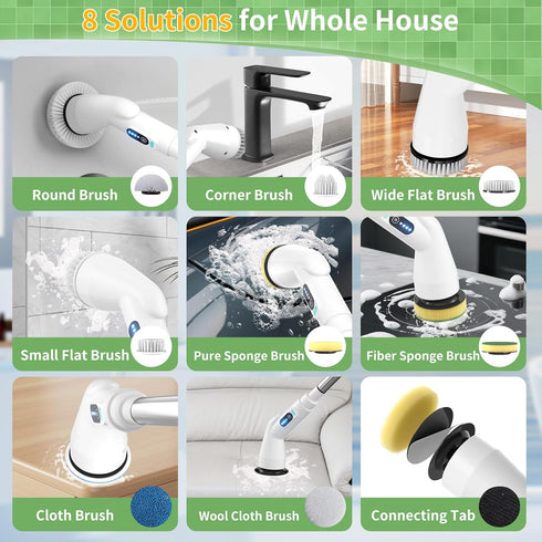 8 51.2in 90Min Electric Spin Scrubber - Household Cleaning Brush with Heads, Extendable Pole Bathroom Scrubber