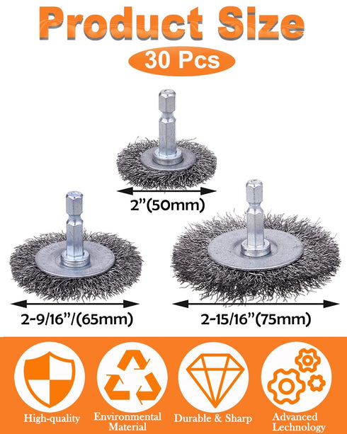 30 Pack 1/4-Inch 3 Rocaris Carbon Steel Wire Wheel Brush with Hex Shank, for Rust Removal, Corrosion and Scrub