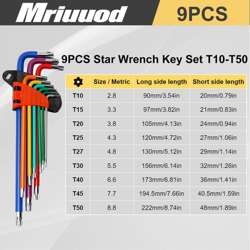 9 PCS Torx Wrench Set, Metric Long Arm Star Key Set T10-T50 with Color-coded Storage Bracket for Bike Repair