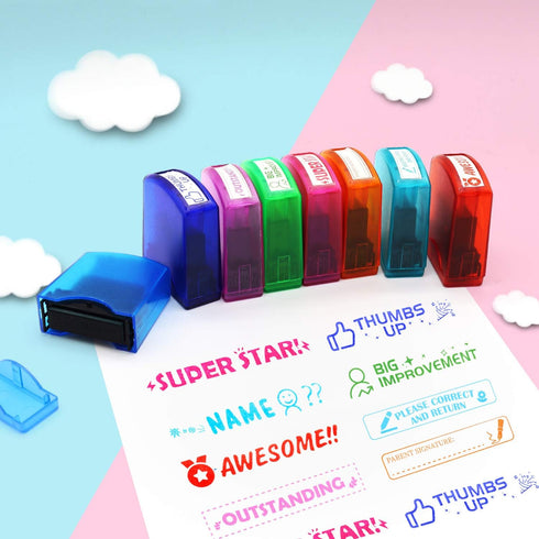 Reliancer 8PCS Teacher Stamp Set, Colorful Self-Inking Motivation Stamps for Classroom Homework Rating with Storage Tray