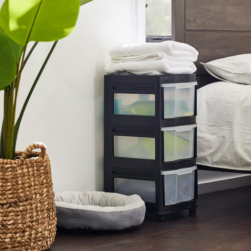Life Story Classic 3 Tier Shelf, Standing Plastic Storage Drawers and Organizer with Wheels for Home, Black/Clear