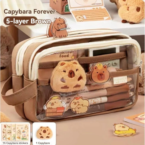 Large Capacity Pencil Pouch, Multi-Layer Transparent Waterproof Zippered Case with Bonus Doll & Stickers, YS2401
