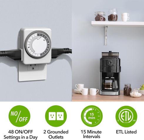 HBN Indoor Timers for Lamps,24 Hour Plug-in Mechanical Indoor Timer for Electrical Outlets,Dual Outlets,15 Minute Intervals,Light Timer for Indoor Lighting,Heavy Duty Daily Cycle,3 Prong,1-Pack