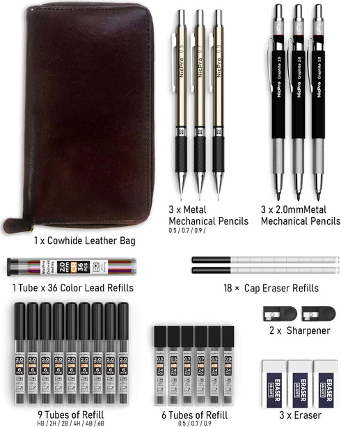 Nicpro 29PCS Art Mechanical Pencil Set in Leather Case, Metal Drafting Pencil with Lead Holders