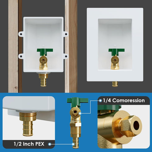 Ice Maker Outlet Box, 1/2 Inch Pex Crimp Inlet x 1/4 Inch OD Compression Outlet, Ice Maker Valve Wall Box