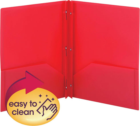 Smead Poly Two-Pocket Folder, Three-Hole Punch, Prong Fasteners, Letter Size, Red, 3 Per Pack