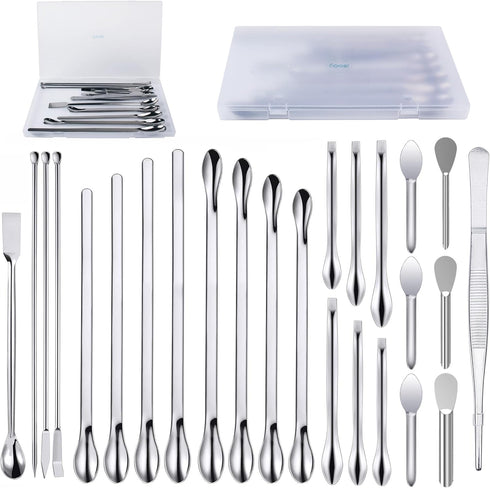 25 Pcs Stainless Steel Lab Spatula Micro Scoop Set, Tiny Mixing Spatula with Tweezers for Powders and Gel