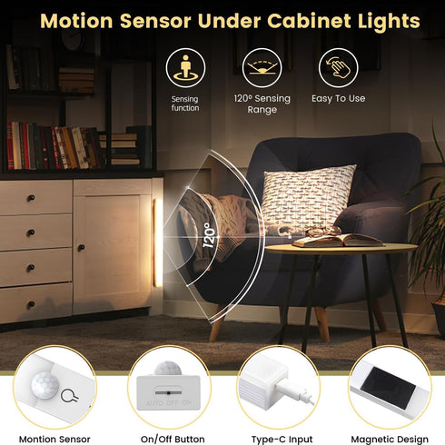 NBBUFF 3pcs Dimmable 3Color (3000K/4500K/6000K), 11.81" LED Motion Sensor Cabinet Lights, USB Rechargeable, Modes Night