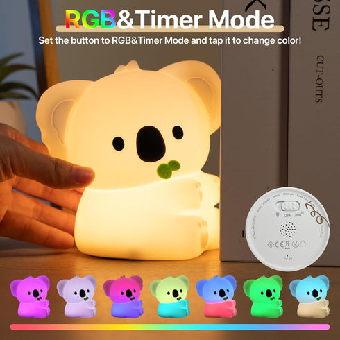 3 Dimmable Cute Koala Night Light for Kids Rechargeable, Battery Operated Nightlight Level with RGB&Timer, Silicone