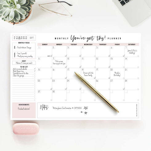 Bliss Collections Monthly Planning Pad - To Do List Notebook, Undated Tear-Off Sheets Notepad, Work Calendar,