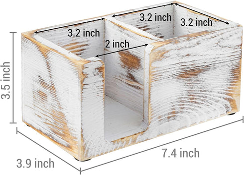 MyGift Shabby White Washed Solid Wood Sticky Note Holder, Office Desktop Storage Caddy for Memo Pads and Pens