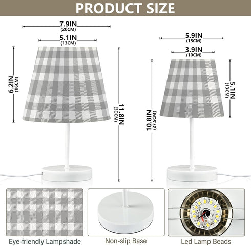 Lotupokon Dimmable Bulb Grey Buffalo Plaid Check Table Lamp for Bedroom USB Outlet Desk Lamp with Fabric Shade Bedside