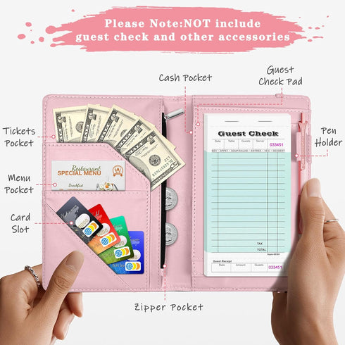 YeeCASE Pink Server Book, Fits Waitress Server Apron, Receipt Holder, Guest Book Perfectly,Waitress Server Accessories
