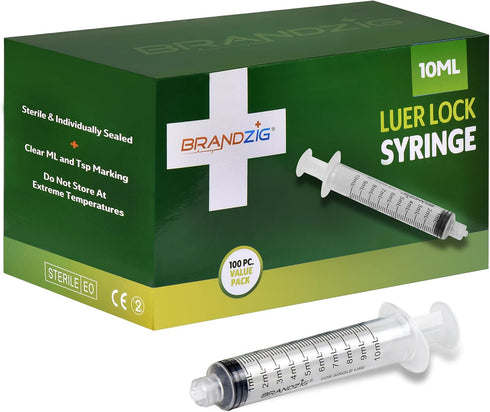 BRANDZIG 10ml Luer Lock Syringe (No Needle) - Sterile, Individually Wrapped - 100