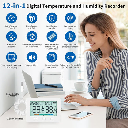WEIRUSE 260000 Sets 5 Indoor Temperature and Humidity, Two sensors Inside and Outside USB Export of Data Storage, high