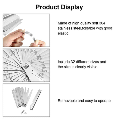 Stainless Steel Feeler Gauge: Dual Marked Metric and Imperial Measuring Tool (32 Blades, 0.03-1 mm)