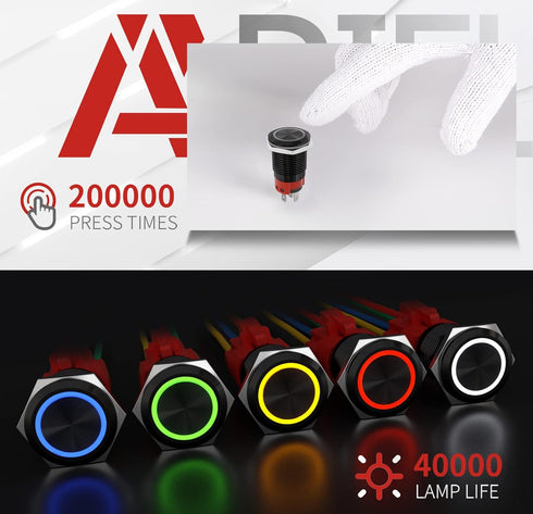 APIELE 16mm Latching Push Button Switch, 12V DC On Off Black Shell with LED Angel Eye for 0.63" Mounting Hole