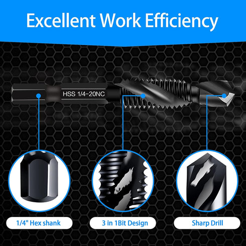 6 Packs Combination Drill & Taps Bit Set, Screw Tapping in SAE Size with Anti-rust Black Coating, 1/4” Hex Shank