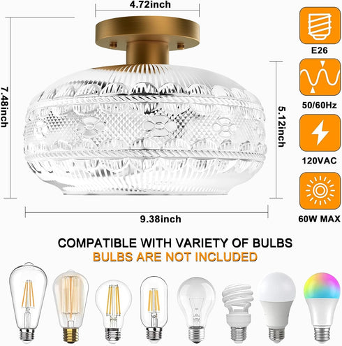 Bathroom,Bulb Industrial Semi Flush Mount Ceiling Light Fixture,Gold Globe Glass Hallway Lights Fixtures